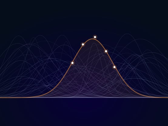 Many faint probability curves with a highlighted copper curve fitted to a few data points